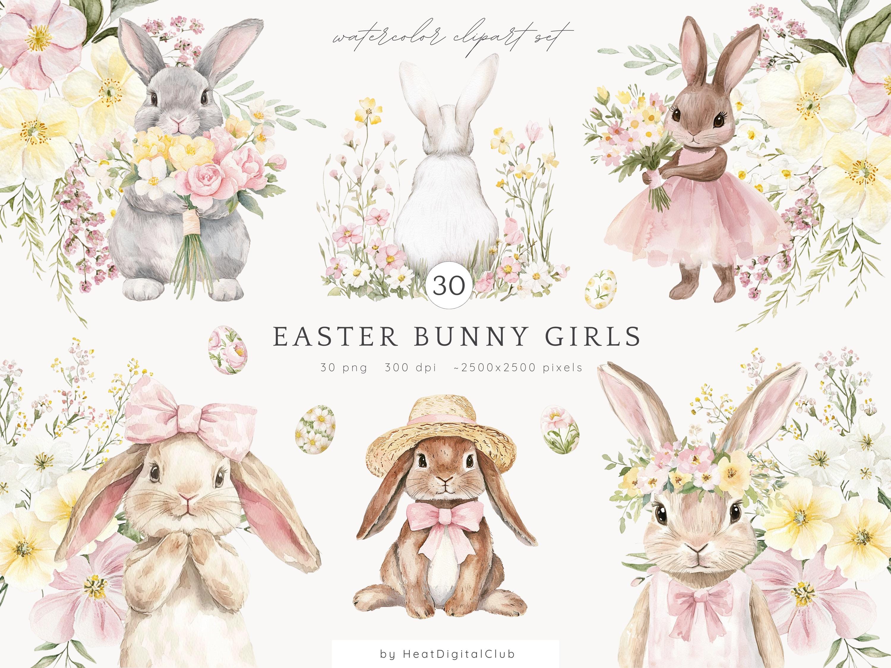 Watercolor Easter Bunnies Clipart, Spring Floral PNG (digital Download ...