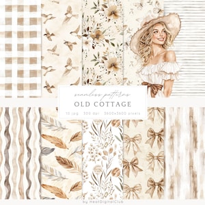 May include: A set of 10 digital seamless patterns in a warm color palette with a cottagecore theme. The patterns include gingham, stripes, waves, feathers, bows, flowers, and birds. The text "seamless patterns OLD COTTAGE 10 jpg 300 dpi 3600x3600 pixels by Heat Digital Club" is included in the image.