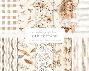 Watercolor Old Cottage Seamless Patterns, Floral Rustic JPEG, Cottagecore Pattern, Flowers, Digital Repeating pattern, Scrapbook Paper