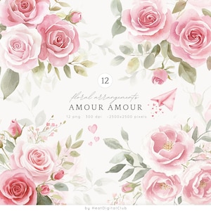 Compositions florales aquarelle Saint-Valentin ClipArt, roses roses PNG, bouquet de roses, rose et blanc, fleurs romantiques, téléchargement numérique