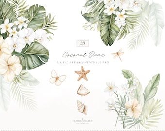 Watercolor Tropical Floral Arrangements Clipart, Coconut Dune Florals, Palm Leaves Clipart, White Beach Flowers PNG, Coastal PNG, Digital