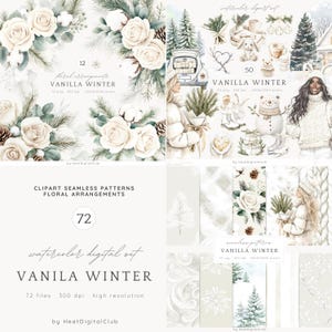 Clipart de inverno de baunilha em aquarela, pacote de clipart de inverno aconchegante, PNG de inverno rústico, clipart cottagecore, download digital, uso comercial