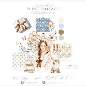 May include: Watercolor collection titled "Quiet Cottage" featuring clip art, seamless patterns, and floral arrangements. The image includes a woman taking a selfie, a cat, books, and various decorative elements. The text reads "Quiet Cottage - a place that feels like home!"