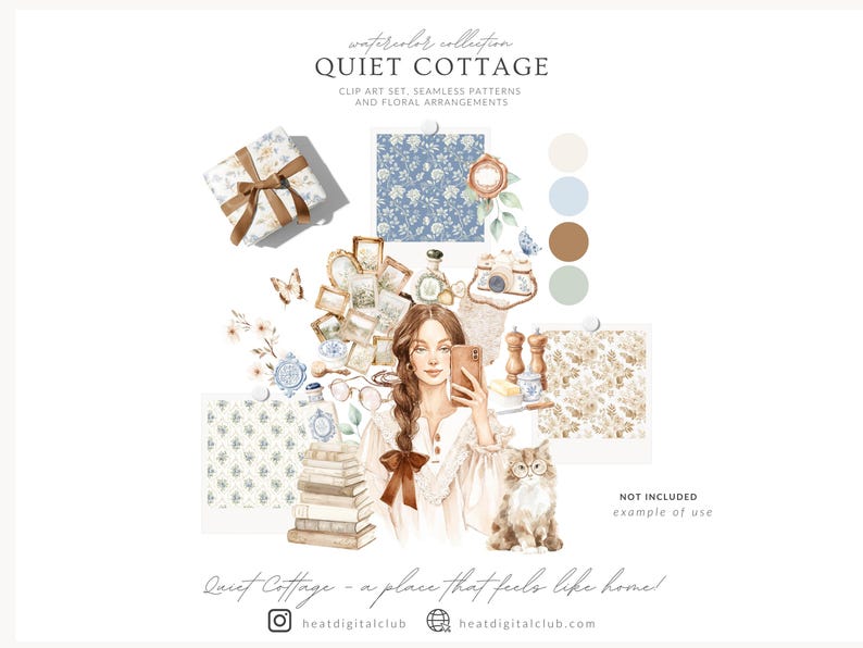 May include: Watercolor collection titled "Quiet Cottage" featuring clip art, seamless patterns, and floral arrangements. The image includes a woman taking a selfie, a cat, books, and various decorative elements. The text reads "Quiet Cottage - a place that feels like home!"