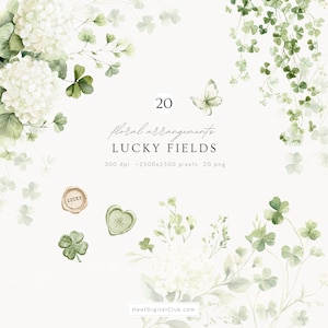 May include: Watercolor floral arrangements with white hydrangeas, green clovers, and a butterfly. The text reads "20 floral arrangements LUCKY FIELDS". Includes a lucky wax seal and heart-shaped seal.