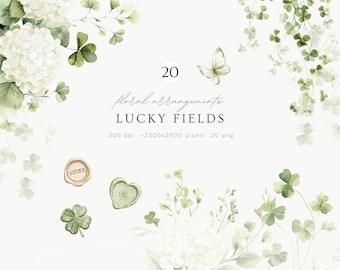 Watercolor Lucky Fields Floral Arrangements Clipart, St Patrick's Day Shamrock Clipart, Clover Hydrangea Arrangements, Digital Download