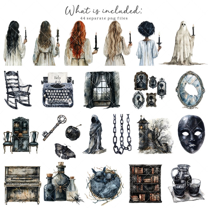 May include: A set of 44 watercolor illustrations featuring spooky Halloween elements, including ghosts, witches, a rocking chair, a typewriter, a window, a key, a chain, a mask, a piano, a bottle, a spider, a bird's nest, a bookshelf, and a pitcher with glasses. The illustrations are in a dark, gothic style and are perfect for adding a spooky touch to your Halloween projects.