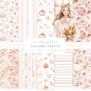 Watercolor Fall Seamless Patterns, Falling Pretty, Fall Digital Paper, Autumn Background, Pink Pumpkins & Leaves Pattern, Digital Download