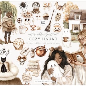 May include: Watercolor clipart set titled "COZY HAUNT" featuring various Halloween-themed illustrations. Includes a tree with a face, a wolf in a sweater, a black cat on a fluffy chair, ghosts, pumpkins, and a woman reading a book. The set includes 60 PNG files.