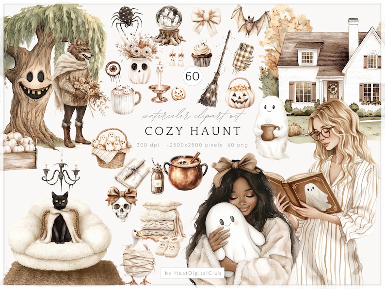 May include: Watercolor clipart set titled "COZY HAUNT" featuring various Halloween-themed illustrations. Includes a tree with a face, a wolf in a sweater, a black cat on a fluffy chair, ghosts, pumpkins, and a woman reading a book. The set includes 60 PNG files.