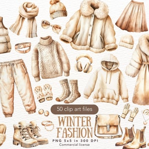 Aquarel winter mode clipartbundel, winterkleren illustraties, gezellige graphics, winterjas, schoenen, trui, muts, tas, digitale download