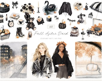 Dark Coquette Fall Clipart, Moody Watercolor Autumn PNGs (Digital Download)
