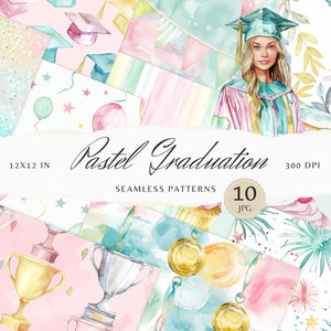 Può includere: Un set di 10 motivi digitali senza cuciture in colori pastello con temi di laurea. I motivi includono immagini di cappelli di laurea, cupcake, trofei, stelle, palloncini, fuochi d'artificio e coriandoli. Il testo "Pastel Graduation" e "10 JPG" è visibile nell'immagine.