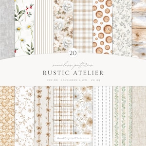 Może przedstawiać: Kolekcja 20 bezszwowych wzorów o rustykalnej tematyce. Wzory obejmują kwiatowe, w kratę, w paski i drewniane w neutralnych odcieniach beżu, brązu i bieli. Wyświetlany jest tekst "RUSTIC ATELIER".