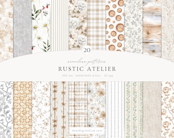 Watercolor Rustic Atelier Seamless Patterns, Neutral Floral Patterns, Cottagecore Backgrounds, Country Digital Paper, French Rustic Digital