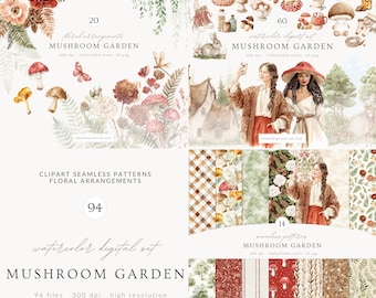 May include: A digital art set titled "Mushroom Garden" featuring watercolor illustrations of mushrooms, floral arrangements, and seamless patterns. The set includes 94 files with a resolution of 300 dpi.