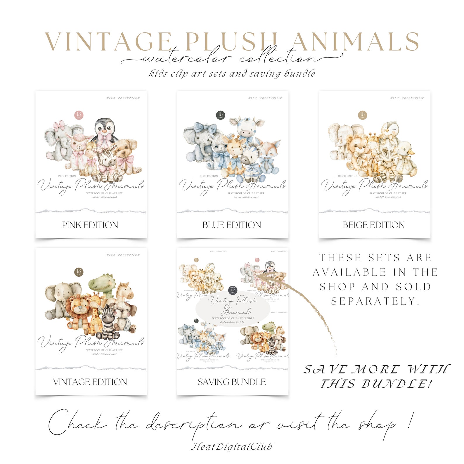 Watercolor Pink Vintage Plush Animals Clipart Bundle, Nursery Animal ...