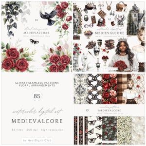 Watercolor Medievalcore Clipart Set, Gothic Aesthetic Clipart, Medieval Fantasy PNG, Renaissance Clipart, Knight Castle Armor Roses PNG