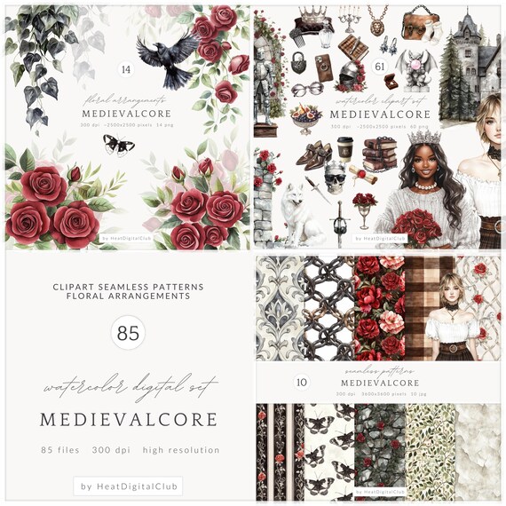 Watercolor Medievalcore Clipart Set, Gothic Aesthetic Clipart, Medieval Fantasy PNG, Renaissance Clipart, Knight Castle Armor Roses PNG