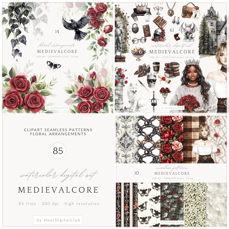 May include: A digital art set with a medieval theme. The image features watercolor illustrations of roses, ravens, butterflies, and various medieval elements. Text includes "MEDIEVALCORE", "floral arrangements", and "watercolor digital set".