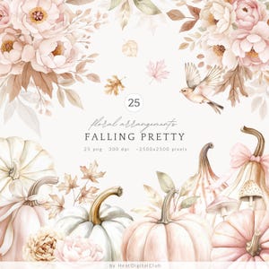 Aquarelle fleurs d'automne Clipart, Clipart, fleurs d'automne, feuilles d'automne PNG, citrouilles beiges et roses doux, numérique