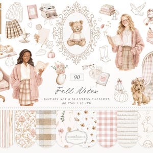 May include: A digital clipart set titled Fall Notes featuring illustrations of people reading, a teddy bear, a dachshund, pumpkins, books, a typewriter, a chair, and various seamless patterns in soft beige, brown, and pink tones for creative projects.