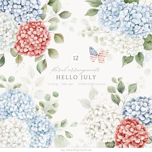 Aquarelle bonjour juillet Arrangements floraux ClipArt, hortensias PNG, bouquet patriotique, clipart fleurs fête de l'indépendance, 4 juillet PNG