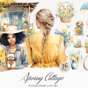 Clipart aquarelle cottage printanier, clipart printemps douillet, graphiques floraux, printemps mignon, clipart cottagecore, stickers numériques fille aquarelle