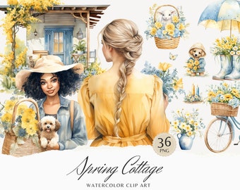 Watercolor Spring Cottage Clipart, Cozy Spring Clip Art, Floral graphics, Cute Spring, cottagecore clipart, watercolor girl digital stickers