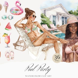 Pacchetto Clipart festa in piscina ad acquerello, ClipArt per il giorno in piscina, grafica estiva, cocktail, giocattoli da piscina, stagionale, ragazza acquerello, adesivi digitali