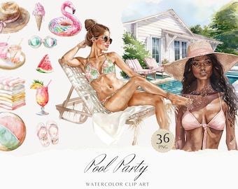 Watercolor Pool Party Clipart Bundle, Pool Day Clip Art, Summer graphics, Cocktail, Pool toys,  seasonal, watercolor girl, digital stickers