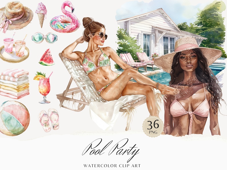 May include: Watercolor clip art set of 36 pool party illustrations. The set includes a woman in a bikini relaxing on a lounge chair, a woman in a bikini and a straw hat, a flamingo float, a watermelon, a beach ball, towels, sunglasses, a cocktail, a straw hat, and a house with a pool.