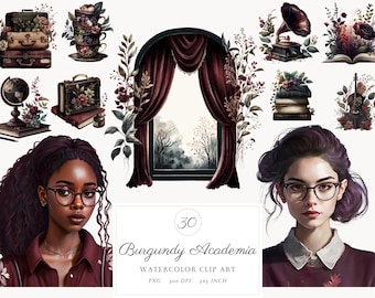 30 aquarel bordeaux donkere academische items, romantische cottagecore png-bundel, commercieel gebruik, boekhandels, boekenkasten, voor kaarten maken, stickers