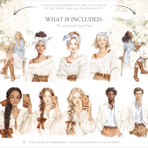 May include: Watercolor illustrations of diverse people, including women and men, in various outfits. Some hold bouquets or smartphones. The image includes text: "WHAT IS INCLUDED: 70 separate png files."
