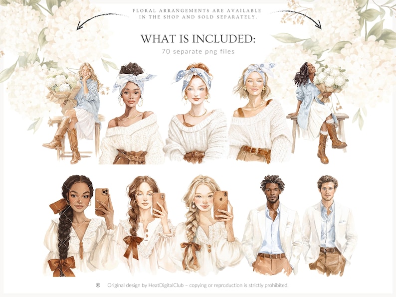 May include: Watercolor illustrations of diverse people, including women and men, in various outfits. Some hold bouquets or smartphones. The image includes text: "WHAT IS INCLUDED: 70 separate png files."