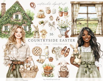 Puede incluir: Un conjunto de clipart de acuarela con temática de Pascua. El conjunto incluye una cabaña, una ventana, una cesta de huevos, un conejito, una niña, una mujer, un cordero, un pastel, una botella de leche, un arreglo floral, una corona, un lazo, un pájaro, un pollito, una cesta, una zanahoria, un pastel, un par de zapatos, un suéter, un par de gafas, una cuerda, una maceta, una regadera, una casita para pájaros y una ventana. El conjunto es perfecto para crear tarjetas de Pascua, invitaciones y otras manualidades.