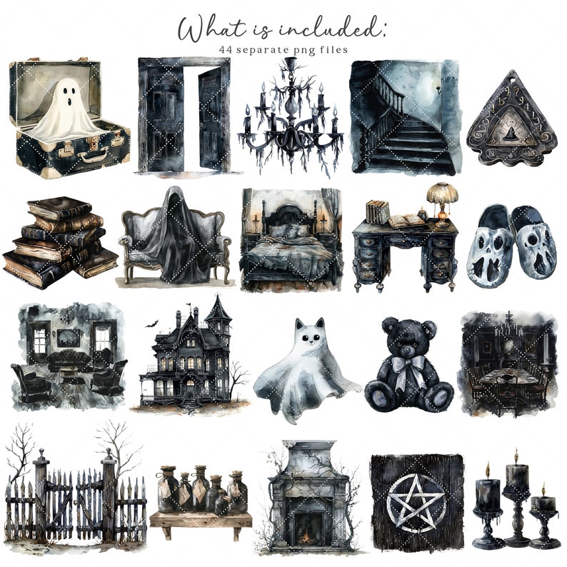 May include: A set of 44 watercolor illustrations featuring spooky Halloween themed imagery. The illustrations include a ghost, a door, a chandelier, a staircase, a pentagram, a stack of books, a hooded figure, a bed, a desk, a pair of slippers, a fireplace, a haunted house, a cat, a teddy bear, a gate, potion bottles, and candles.