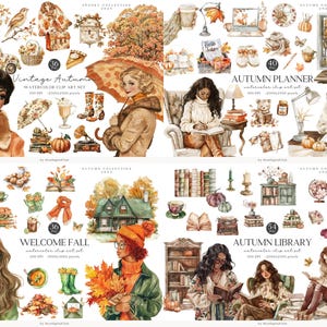 May include: Watercolor clip art sets with autumn themes. The image features illustrations of women, fall foliage, pumpkins, books, and cozy scenes. The sets include titles like "Vintage Autumn," "Autumn Planner," "Welcome Fall," and "Autumn Library."