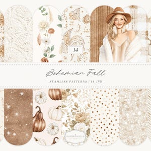 Può includere: Un'opera d'arte digitale intitolata "Bohemian Fall" con 14 motivi senza cuciture. I motivi includono disegni floreali, paisley, zucche e una donna con un cappello. La tavolozza dei colori è calda, con sfumature di beige, marrone e oro.