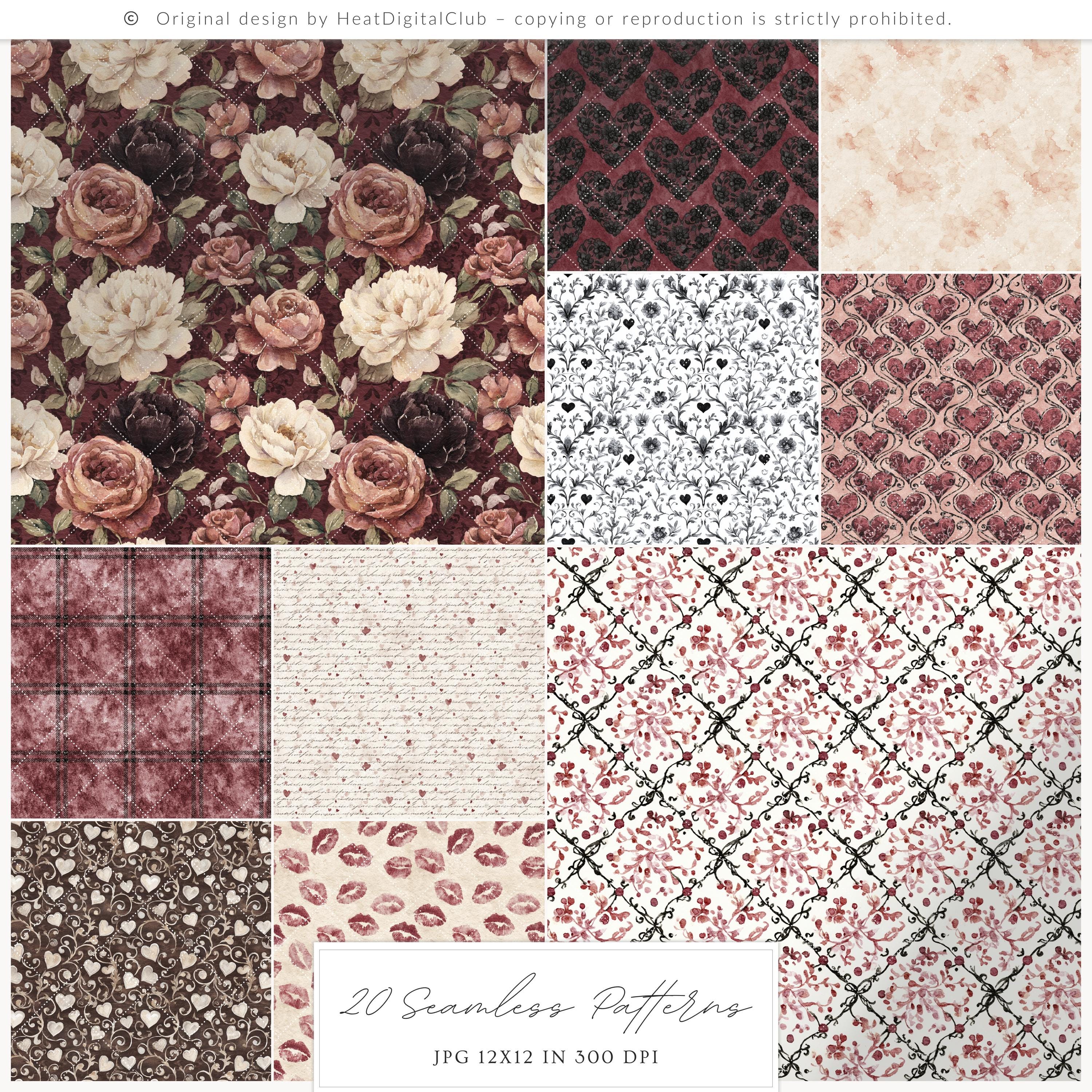 Watercolor Dark Romance Seamless Patterns, Gothic Valentine Digital ...