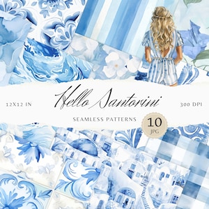 Aquarell Hallo Santorini Musterdesign, JPEG Blumenmuster, griechische Fliesen Digitaler Download, Griechenland Rapportmuster, Scrapbook Papier