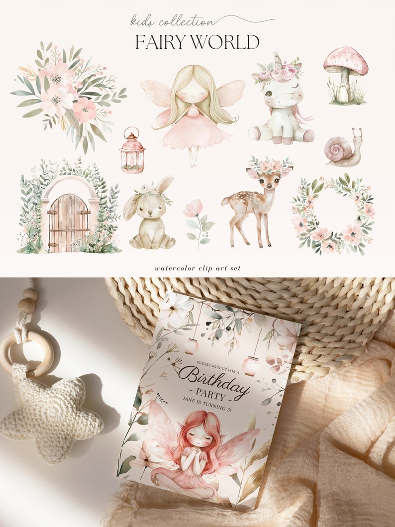 May include: A watercolor illustration set featuring a fairy, unicorn, deer, bunny, snail, mushroom, lantern, and floral wreaths. The set is perfect for creating invitations, cards, and other crafts.