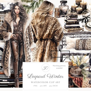 Watercolor Leopard Winter Cottage Living Clipart, Luxury Royal Romantic Winter Cottagecore Clip Art PNG Bundle Commercial Use, countryside