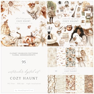 May include: A digital art collection with a cozy autumn theme. The image features watercolor illustrations of pumpkins, owls, floral arrangements, and spooky elements. The text includes "COZY HAUNT" and "CLIPART SEAMLESS PATTERNS".