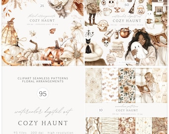 Watercolor Cozy Haunt Clipart, Soft Halloween PNG, Neutral Halloween Clipart, Autumn Ghost Clipart, Spooky Cozy Aesthetic, Digital Download