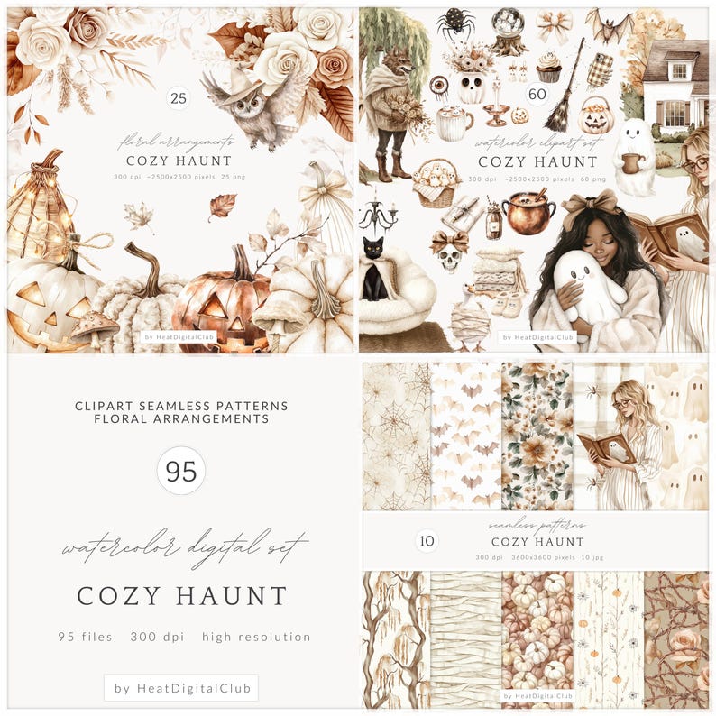 May include: A digital art collection with a cozy autumn theme. The image features watercolor illustrations of pumpkins, owls, floral arrangements, and spooky elements. The text includes "COZY HAUNT" and "CLIPART SEAMLESS PATTERNS".