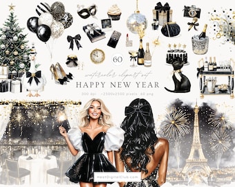 Watercolor Happy New Year Clipart, Black Gold Silver Party PNG, Party Balloons Champagne Disco Ball Dress Heels, Holiday Digital Download