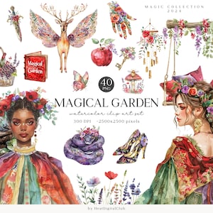Aquarel magische tuin clipart, sprookjesachtige png, magische wezens illustraties, betoverde wereld graphics, fantasiebeelden, digitale download
