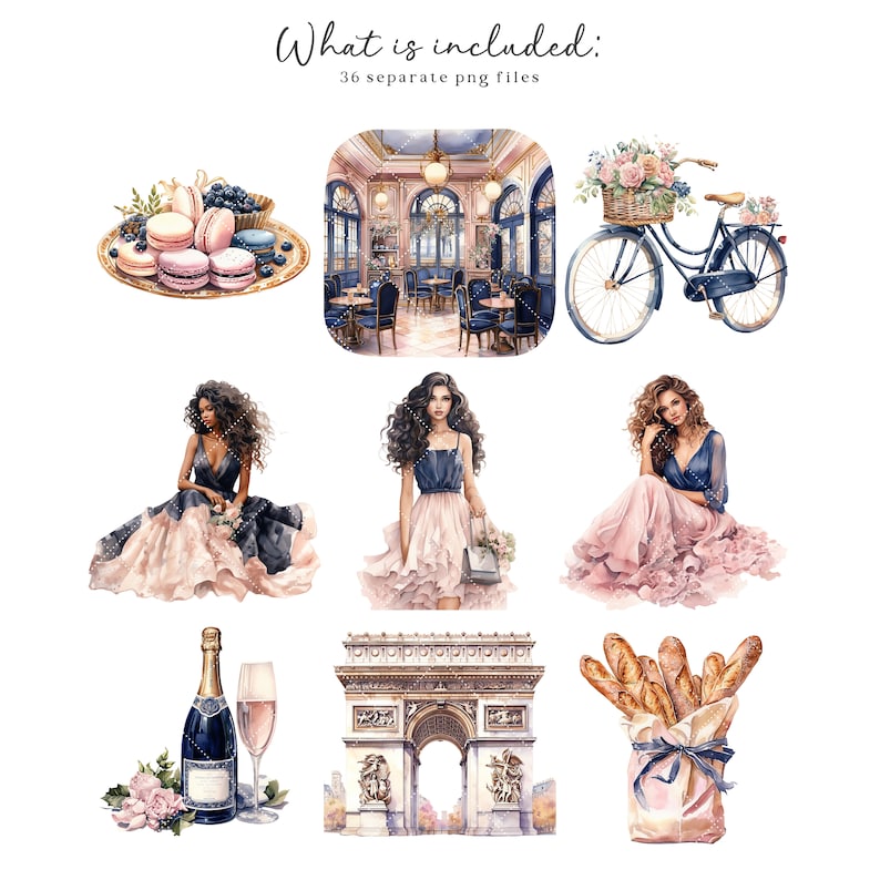 May include: A digital illustration set featuring a Parisian cafe, a woman in a blue dress, a woman in a pink dress, a bicycle with a basket of flowers, a baguette, a bottle of champagne, a glass of champagne, and the Arc de Triomphe.