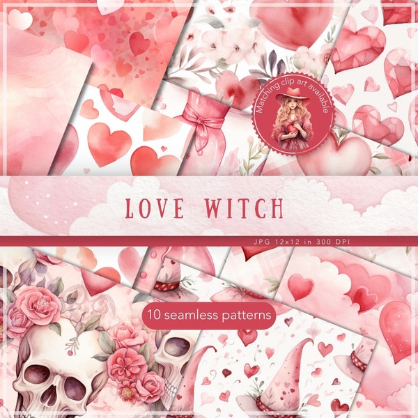 Watercolor Love Witch Seamless Patterns, Floral Pattern JPEG, Romantic Digital Download, Valentine's Day Repeating pattern, Scrapbook Paper